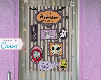 Decoração de Janelas para Resorts | Decoração de Janelas de Hotéis da Disney | Placa Personalizada | Modelo Canva | Pesadelo | Assustador | Modelo Editável | Zero