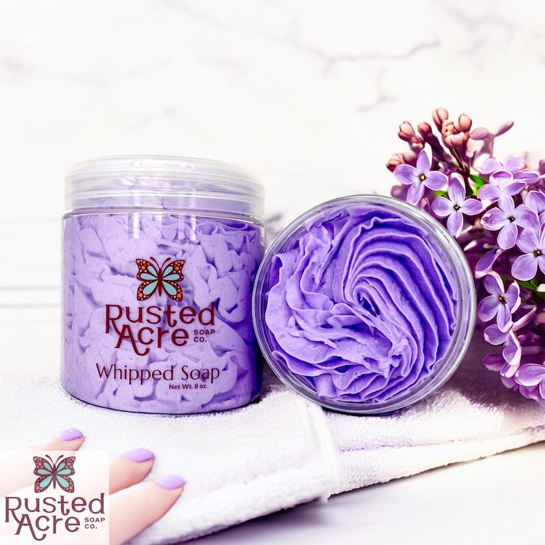 Two jars of purple lilac whipped soap handmade by Rusted Acre Soap Co.