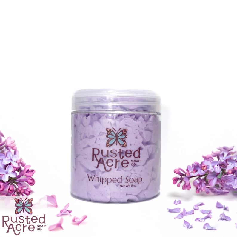 A jar of purple lilac whipped soap handmade by Rusted Acre Soap Co.