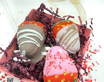 Set de regalo de bombas de baño de fresa cubiertas de chocolate / Rusted Acre Soap Co., regalo romántico hecho a mano para San Valentín para ella, listo para regalar