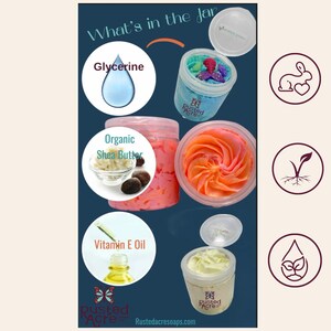 Rusted Acre Soap Company's whipped soap ingredients highlights. Glycerin, organic she butter, vitamin e oil.
