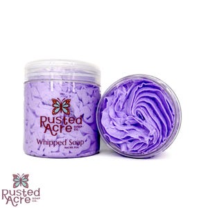 Two jars of purple lilac whipped soap handmade by Rusted Acre Soap Co.