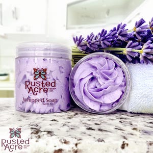Two jars of lavender vegan whipped soap handmade by Rusted Acre Soap Co.