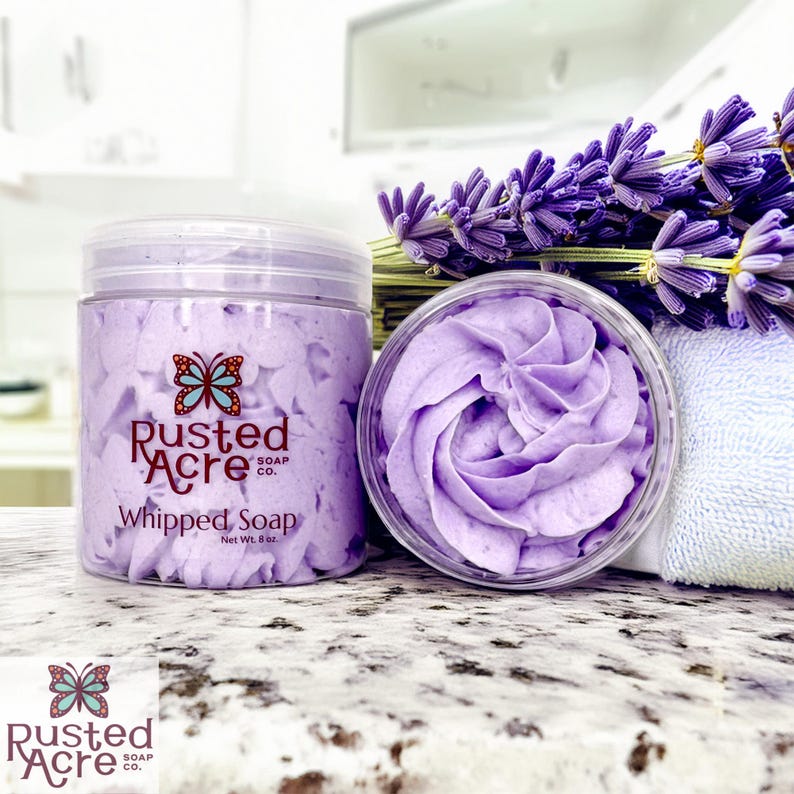Two jars of lavender vegan whipped soap handmade by Rusted Acre Soap Co.