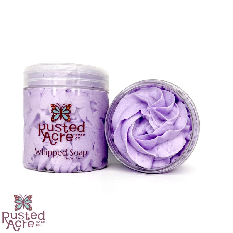 Two jars of purple vegan whipped soap handmade by Rusted Acre Soap Co.