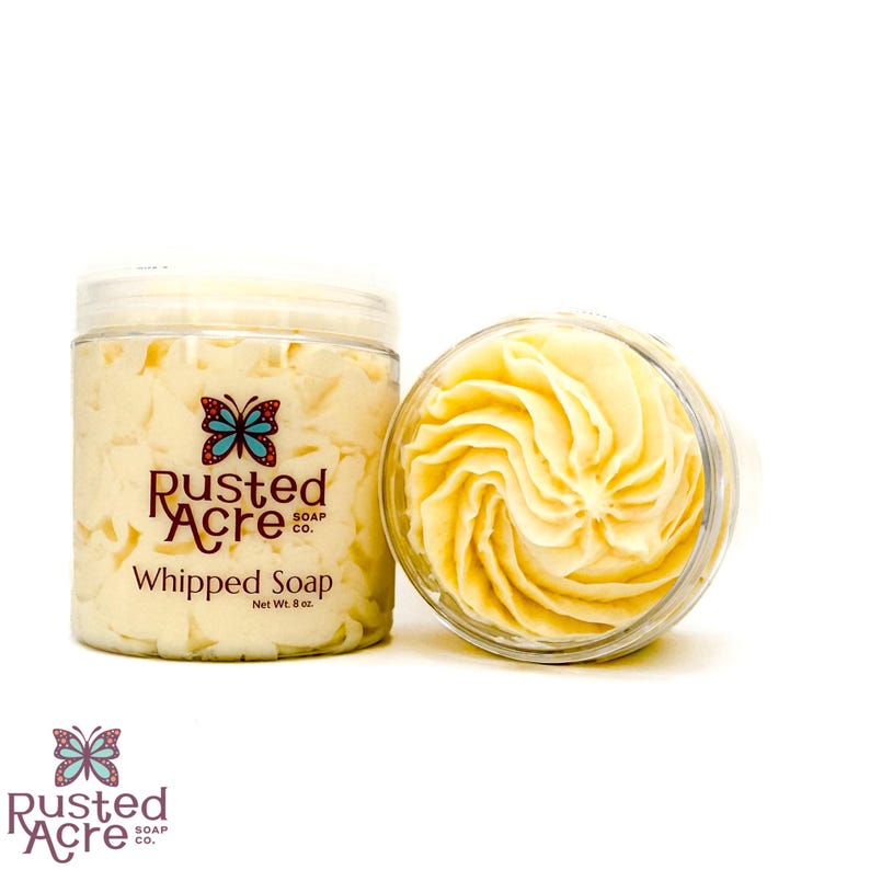 Two jars of yellow lemon cupcake whipped soap handmade by Rusted Acre Soap Co.