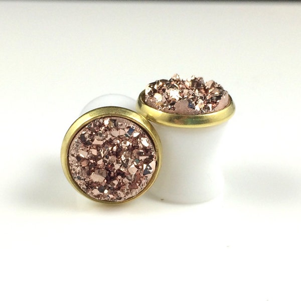 Faux Druzy Drusy Rose Gold Copper Gauges Plugs 00g 10mm Bridal Wedding Bridesmaid