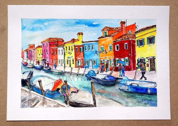Wandkunst. Burano Italienische Venedig bemalte eine BURANO Art Kunstdruck. Home Venedig-Insel. ITALY, Bunt Häuser.