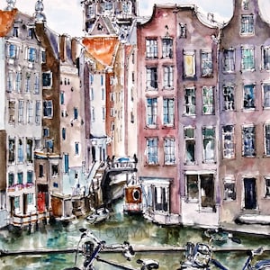Amsterdam Canal Views Print. Netherlands Gift Art.  Amsterdam Print. Holland Wall Art. Amsterdam Watercolor Print. Dutch Houses City Print.