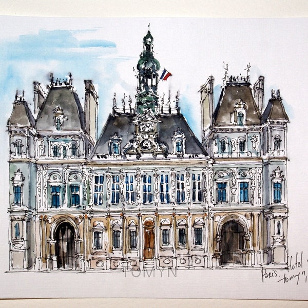 NEW! Sale! PARIS Watercolor Print. Hotel De Ville. PARIS Wall Art. Parisian Architecture Print. Paris Print.