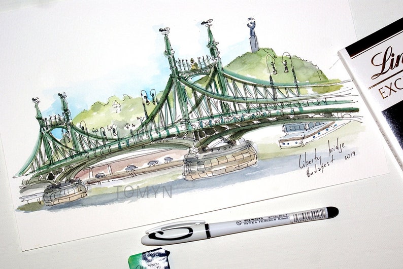 Budapest Watercolor Liberty Bridge Hungary Art HUNGARY Budapest wall Art. BUDAPEST Original Paining