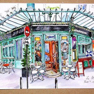 May include: A watercolor painting of a Parisian cafe with a green awning, red doors, and outdoor seating. The cafe is called "Le Petit Zinc" and is located in Paris, France. The painting is signed "Paris - Tommy - 2016".