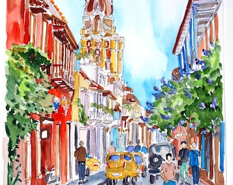 Colombia. Cartagena Original Painting. Cartagena's most famous landmarks Watercolor. Cathedral of Saint Catherine of Alexandria Wall Art.