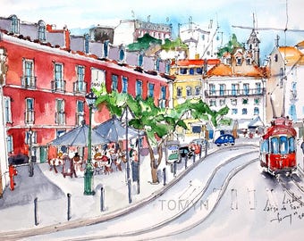LISBON. PORTUGAL ART Print. Largo de Santa Luzia. Lisbon Watercolor Print. Lisbon Tram Wall Art. Portugal  Gift. Lisbon Cityscape Print.
