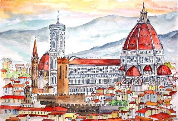 イタリア製 絵画 サンタ・マリア・デル・フィオーレ大聖堂。フィレンツェ。イタリア塔大