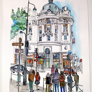 May include: A watercolor painting of a street scene in Paris, France. The painting features a large building with a dome, a street with people walking, and a car driving down the street. The building has a sign that says "F. Potin".