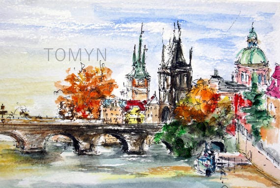 PANORAMA PRAGUE PRINT. View of the Charles Bridge. Prague Wall Art. Prague Cityscape Fine Art. Watercolor Print Of Prague. Prague Gift Art.