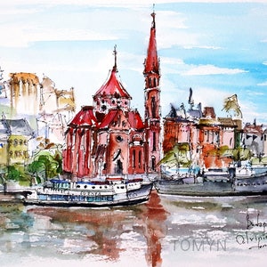 BUDAPESTE. HUNGRIA. Igreja Calvinista. O Passeio do Danúbio. Impressão artística de Budapeste. Arte da parede de Budapeste. Arte de presente húngara.