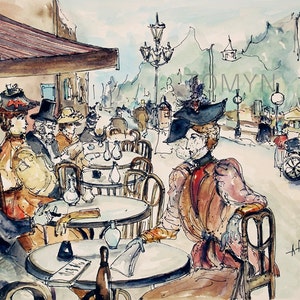 PARIS  CAFE.  Parisian Wall Art. French  Old Time. Montmartre. Print From Original Watercolor Painting.