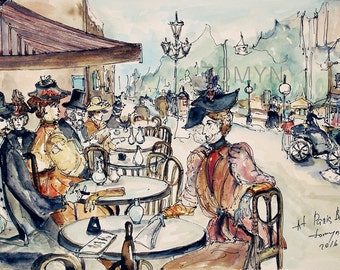 PARIS  CAFE.  Parisian Wall Art. French  Old Time. Montmartre. Print From Original Watercolor Painting.