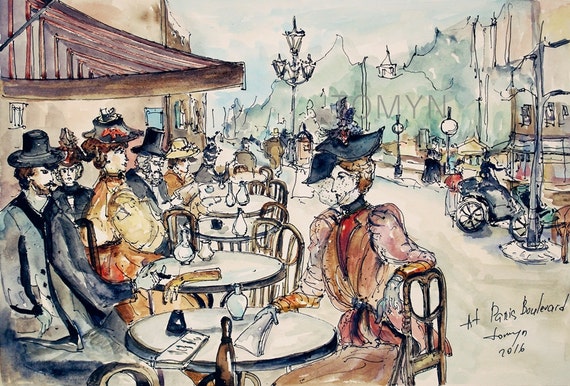 PARIS  CAFE.  Parisian Wall Art. French  Old Time. Montmartre. Print From Original Watercolor Painting.