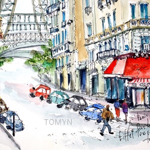 May include: A watercolor painting of a Parisian street scene with a cafe, cars, and the Eiffel Tower in the background. The cafe has a red awning with the words "Le Castel" written on it. The painting is signed "Tomyn" and dated "January 2018".