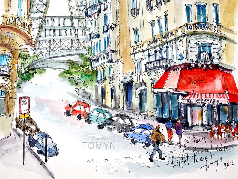 May include: A watercolor painting of a Parisian street scene with a cafe, cars, and the Eiffel Tower in the background. The cafe has a red awning with the words "Le Castel" written on it. The painting is signed "Tomyn" and dated "January 2018".
