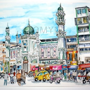 Mumbaï. MAHARASHTRA. L'INDE.  Art original asiatique. Aquarelle de Bombay.  Mosquée Hamidiya Masjid Art. Peinture indienne. Art mural Inde