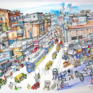 NEW! INDIA. KOLKATA. West Bengal. Calcutta Original Watercolor. India City Painting. Kolkata Market Street.  Kolkata Architecture. India Art