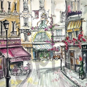 One time in PARIS. ROMANTIC  Paris. Charming  Cafe. France Art print. Paris Print.Print  from  original watercolor.