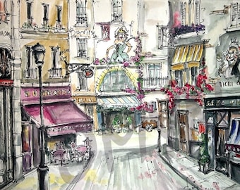 One time in PARIS. ROMANTIC  Paris. Charming  Cafe. France Art print. Paris Print.Print  from  original watercolor.