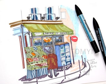 Epicerie Du Marais.Corner Fruit and Vegetable Market in les Marais District, Paris France Original Sketch. Paris Markers Wall Art.
