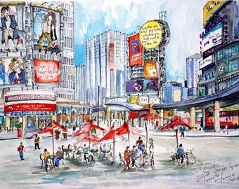 TORONTO.CANADA.ONTARIO. Toronto Original Watercolor Art. Toronto City Art. Yonge  Dundas Square. Wall Art Toronto.