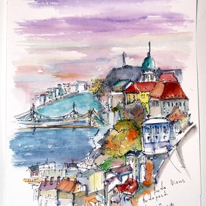 Nieuw! UITZICHT OP BOEDA. BOEDAPEST. Hongarije aquarel print. Boedapest kunst aan de muur. Boedapest kunstafdruk. Buda-kant. Hongaarse kunst.