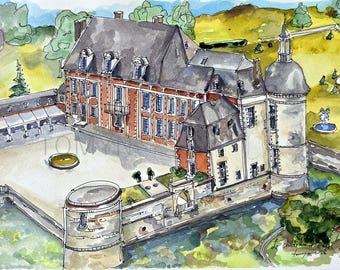 Le Château d'Étoges hotel,France's Champagne region. France Original Painting.  Luxury countryside, Historic château watercolour art.