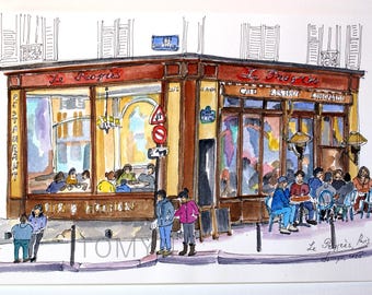 Le Progres Paris Restaurant  Original Watercolour. Old-fashioned Brasserie Painting. Montmartre French Bistro & Gastropub in Paris.