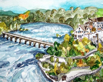 Schaffhausen, Switzerland, Rhine Falls watercolour.  Waterfalls of Switzerland original painting. Wall Art Switzerland.