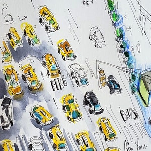 New! YELLOW TAXI Cab NYC. New York Taxi Watercolor. New York Wall Art. New York Painting. New York Street. New York  Cabs. Gel Pen Art