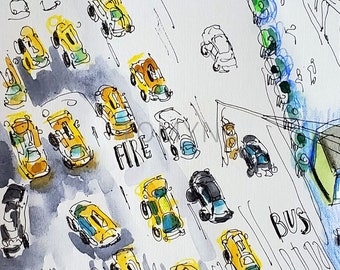 New! YELLOW TAXI Cab NYC. New York Taxi Watercolor. New York Wall Art. New York Painting. New York Street. New York  Cabs. Gel Pen Art