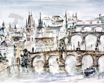 BRIDGES Of PRAGUE PRINT. Czech Art Print. Watercolor Wall Ar Prague. Prague City Art Prints. Prague wall Art. Prague Panorama Art.