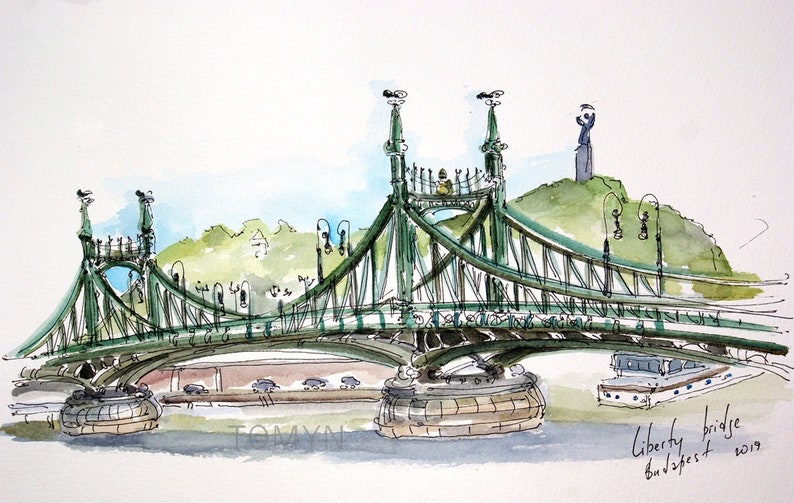 Budapest Watercolor Liberty Bridge Hungary Art HUNGARY Budapest wall Art. BUDAPEST Original Paining