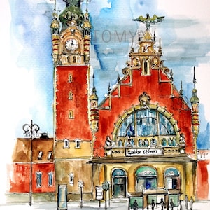 POLONIA ACUARELA ORIGINAL. Pintura Gdansk Główny.  Arte de la estación principal de Gdansk. Polonia Pintura de Arquitectura. Polonia Bellas Artes. Polonia Regalo