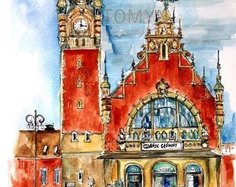 POLAND ORIGINAL WATERCOLOR. Gdansk Główny  Painting.  Gdansk Main Station Art. Poland  Architecture Painting. Poland Fine Art. Poland Gift