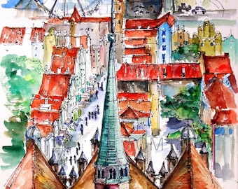 GDANSK. Poland Original Painting. View from  St. Mary's Church. Mariacka Street in Gdansk. Poland Watercolor. Poland Architecture Art.