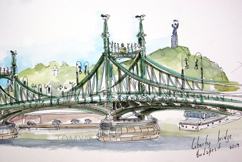 Budapest Watercolor Liberty Bridge Hungary Art HUNGARY Budapest wall Art. BUDAPEST Original Paining