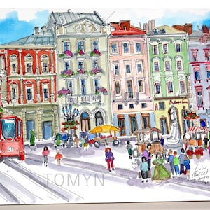 LVIV MARKT SQUARE Gebouwen Art. Originele aquarel van Lviv. Lviv cadeau kunst. Lviv kunst aan de muur. Schilderij van de oude binnenstad van Lviv. Oekraïense architectuurkunst