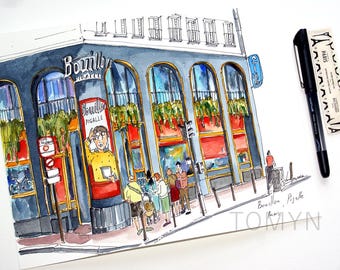 Bouillon Pigalle Restaurant. Classic French Cuisine in Paris. Paris Original Art. Paris Watercolour. Paris Gift Art. Parisian Painting.