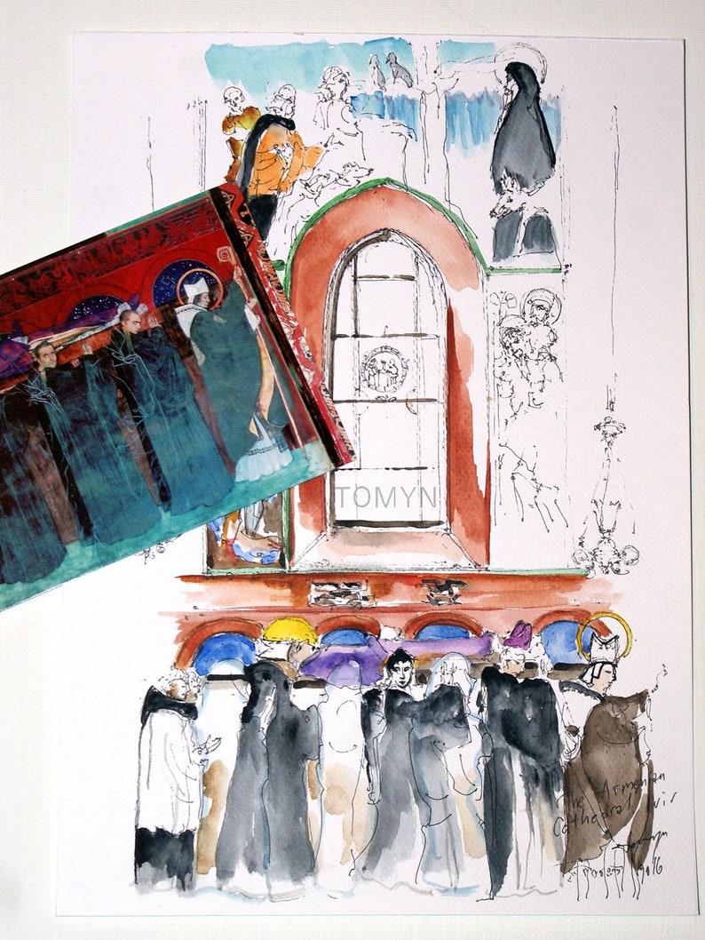 St UKRAINE Original Watercolor Odelone/'s Funeral The Armenian Cathedral Lviv Interior Church Art LVIV Ukrainian Painting.