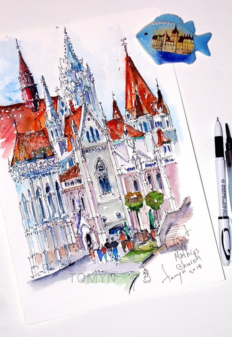 New!! Buda Side Print Hungary Sketches MATTHIAS CHURCH BUDAPEST Budapest Wall Art Hungary Art Print Architecture Of Budapest.