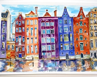 NEW! Amsterdam Colorful Buildings Art. Amsterdam Houses Watercolor. Netherland Painting. Amsterdam Wall Art. Dutch Houses. Holland Gift Art